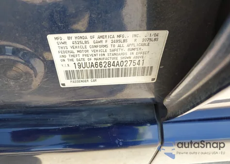 2004 Acura Tl z USA, uszkodzony, nr VIN 19UUA66284A027541